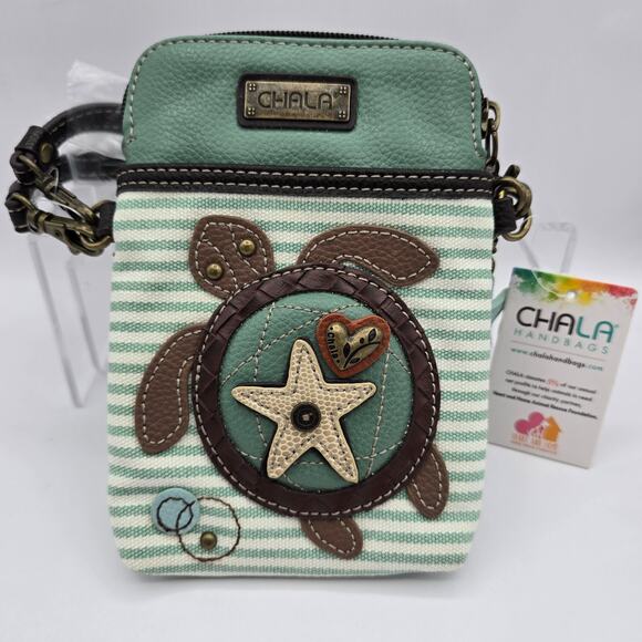 Chala Turtle Crossbody Bag Convertible Cell Phone Teal Stripe 7" x 5" NWT - Picture 10 of 10
